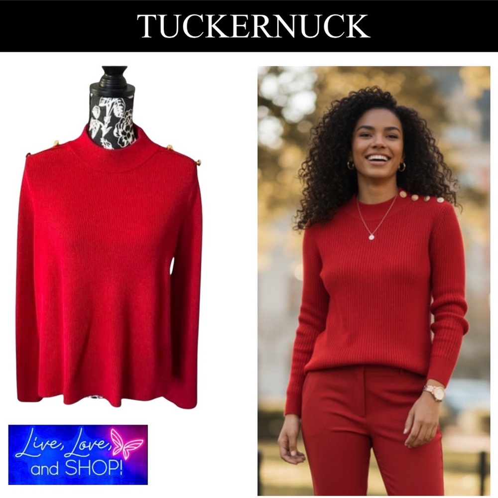 TUCKERNUCK Red Monroe Cashmere Sweater w/Gold Button Accents, EUC